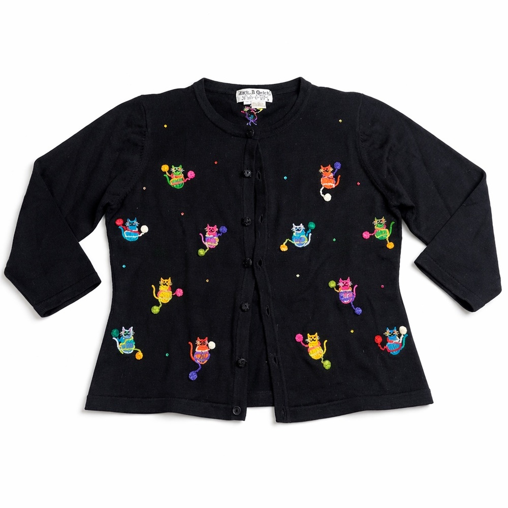 Vintage Jack B. Quick Cat Embroidered Cardigan + Tee Set | 90s–Y2K Kitsch Core